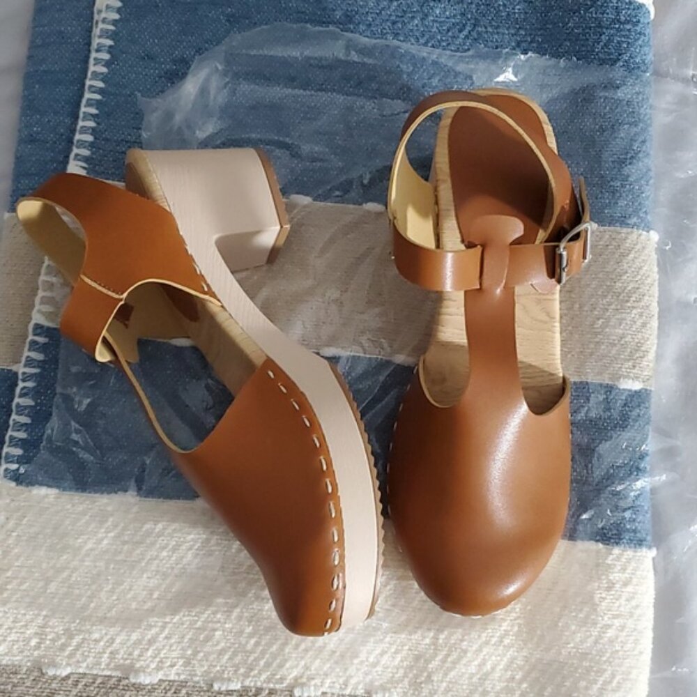 New Swedish Inspired Clogs Block Heel In Camel - Picture 2 of 9